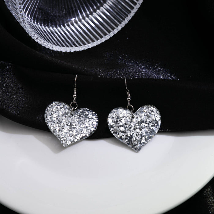 Luxury Silver Glitter Heart Acrylic Drop Hook Earrings For Women Creative Sequined Statement Earrings