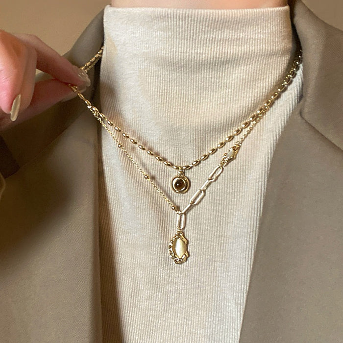 Vintage Copper Bamboo Joint Oval Pendant Sweater Necklace For Women, Geometric Clavicle Chain
