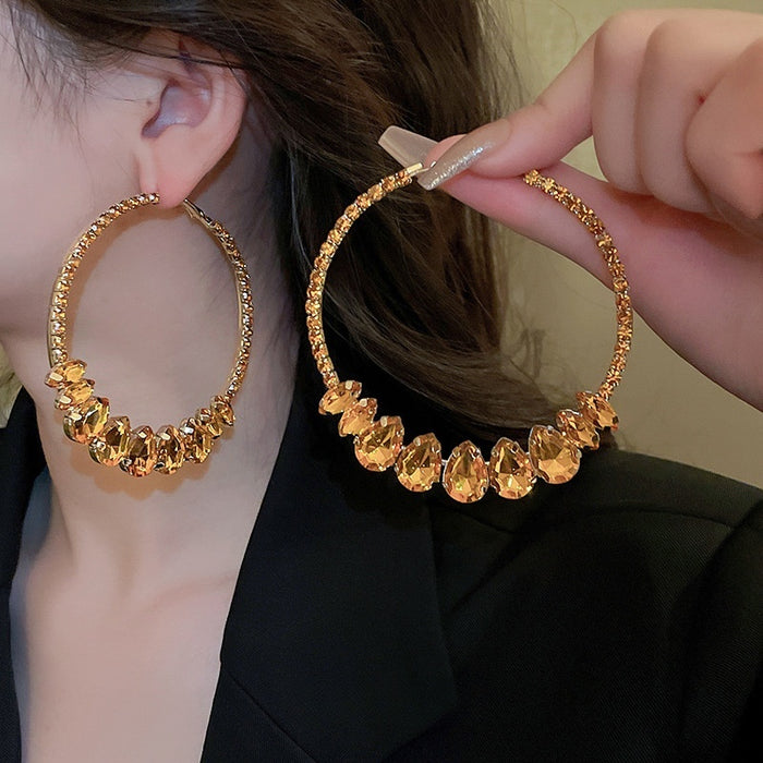 Copper Rhinestone Round Waterdrop Hoop Earrings Geometric Statement Drop Earrings For Women