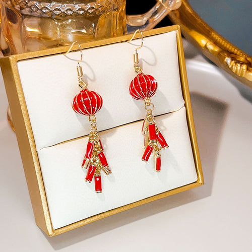 Elegant Ethnic Chinese New Year Red Enamel Lantern Firecracker Tassel Gold Tone Alloy Long Drop Earrings