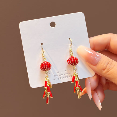 Elegant Ethnic Chinese New Year Red Enamel Lantern Firecracker Tassel Gold Tone Alloy Long Drop Earrings