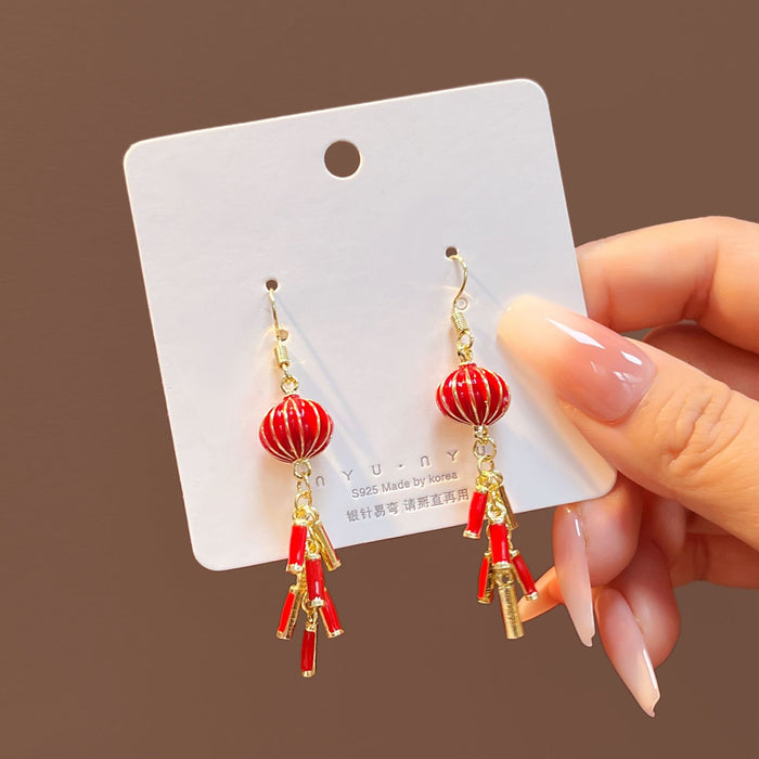 Elegant Ethnic Chinese New Year Red Enamel Lantern Firecracker Tassel Gold Tone Alloy Long Drop Earrings