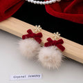 Elegant Christmas Snowflake Alloy Chain Tassel Burgundy Velvet Bow Faux Fur Pom Pom Drop Earrings view 4