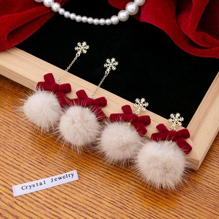 Elegant Christmas Snowflake Alloy Chain Tassel Burgundy Velvet Bow Faux Fur Pom Pom Drop Earrings