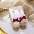 Elegant Christmas Snowflake Alloy Chain Tassel Burgundy Velvet Bow Faux Fur Pom Pom Drop Earrings view 3
