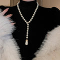 French Light Luxury Faux Pearl Rhinestone Teardrop Sweater Necklace for Women view 3