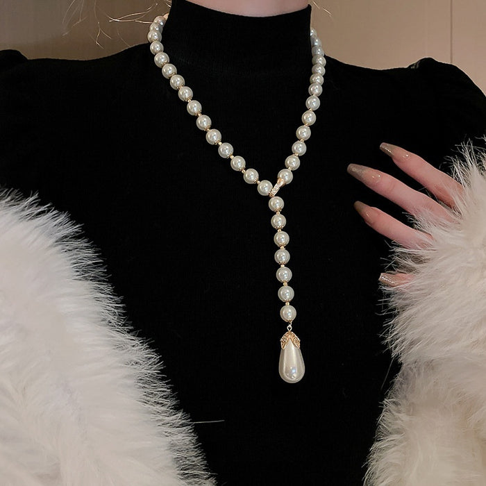French Light Luxury Faux Pearl Rhinestone Teardrop Sweater Necklace for Women