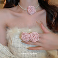 French Vintage Fabric Flower Jewelry Set With Necklace Bracelet Earrings For Chic Office Style view 4