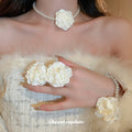 French Vintage Fabric Flower Jewelry Set With Necklace Bracelet Earrings For Chic Office Style view 2