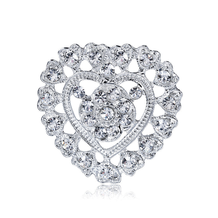 Silver Tone Heart Crystal Metal Brooch Pin for Jackets and Lapels