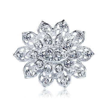 Blue Silver Tone Flower Crystal Metal Brooch Pin for Jackets and Lapels