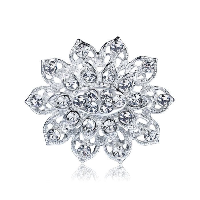 Blue Silver Tone Flower Crystal Metal Brooch Pin for Jackets and Lapels