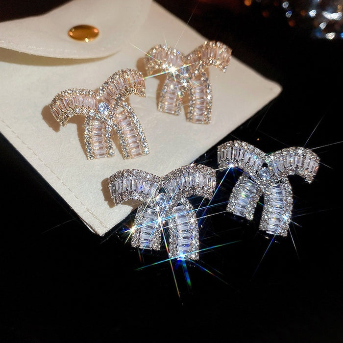 Sparkling Zircon Bow Drop Earrings With Silver Pins, French Light Luxury Commuter Style
