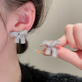 Sparkling Zircon Bow Drop Earrings With Silver Pins, French Light Luxury Commuter Style view 4