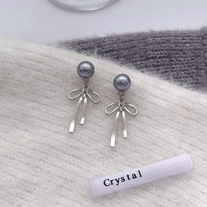 Elegant Gray Pearl Bowknot Drop Studs With Removable Tassel Alloy Silver Needle Two Way Earrings