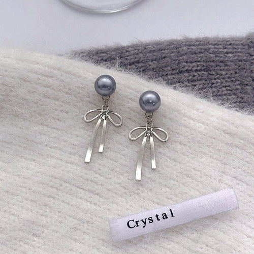 Elegant Gray Pearl Bowknot Drop Studs With Removable Tassel Alloy Silver Needle Two Way Earrings