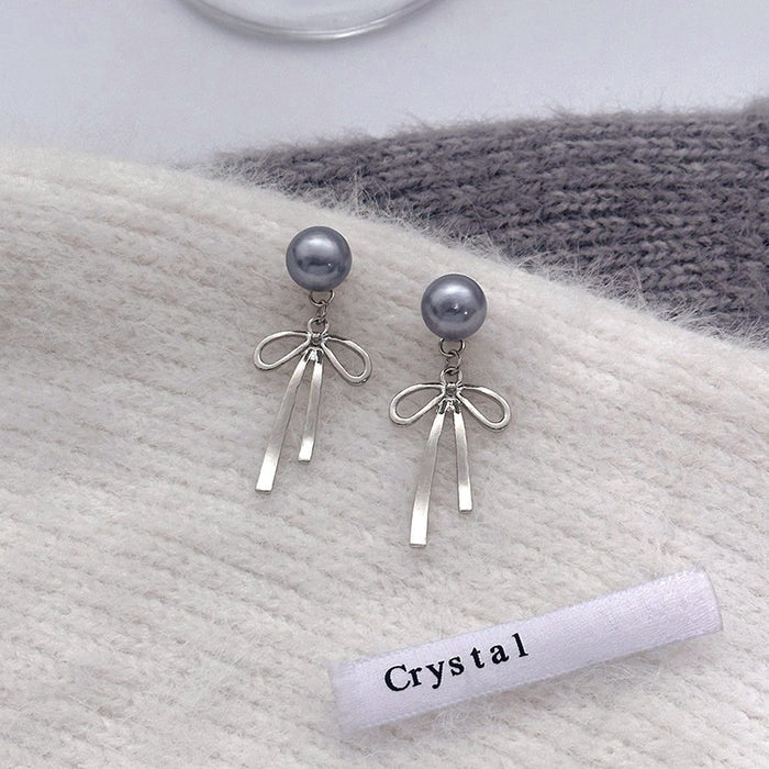 Elegant Gray Pearl Bowknot Drop Studs With Removable Tassel Alloy Silver Needle Two Way Earrings
