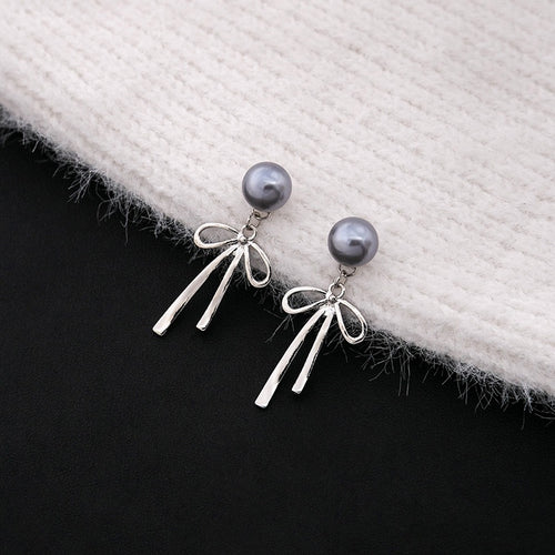 Elegant Gray Pearl Bowknot Drop Studs With Removable Tassel Alloy Silver Needle Two Way Earrings