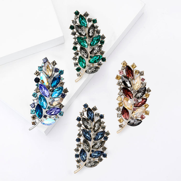 Alloy Crystal Feather Brooch Pin For Women's Suit And Dress Accessories