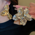 Irregular Crumpled Metal Flower Drop Earrings With Silver Pin Minimalist Statement Style view 2