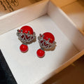 Copper Red Flocked Bow Pearl Tassel Drop Earrings Cute Autumn Winter Stud Style view 4