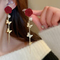 Copper Red Flocked Bow Pearl Tassel Drop Earrings Cute Autumn Winter Stud Style view 3