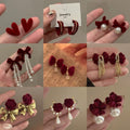 Copper Red Flocked Bow Pearl Tassel Drop Earrings Cute Autumn Winter Stud Style view 1
