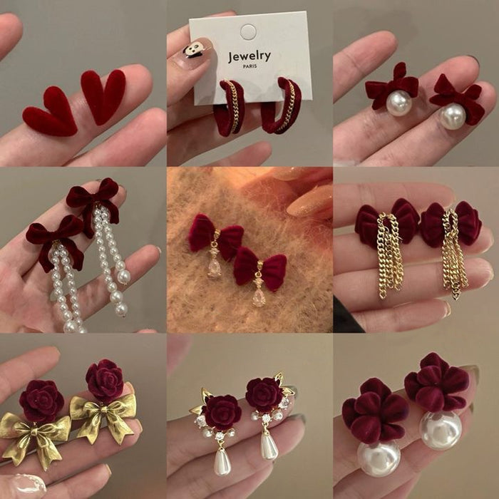 Copper Red Flocked Bow Pearl Tassel Drop Earrings Cute Autumn Winter Stud Style