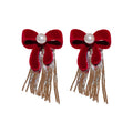 Copper Red Flocked Bow Pearl Tassel Drop Earrings Cute Autumn Winter Stud Style view 5