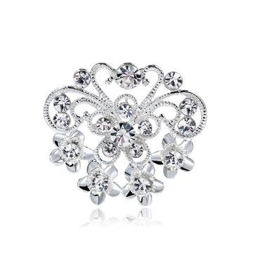 Silver Tone Heart Floral Brooch Pin with Clear Accents