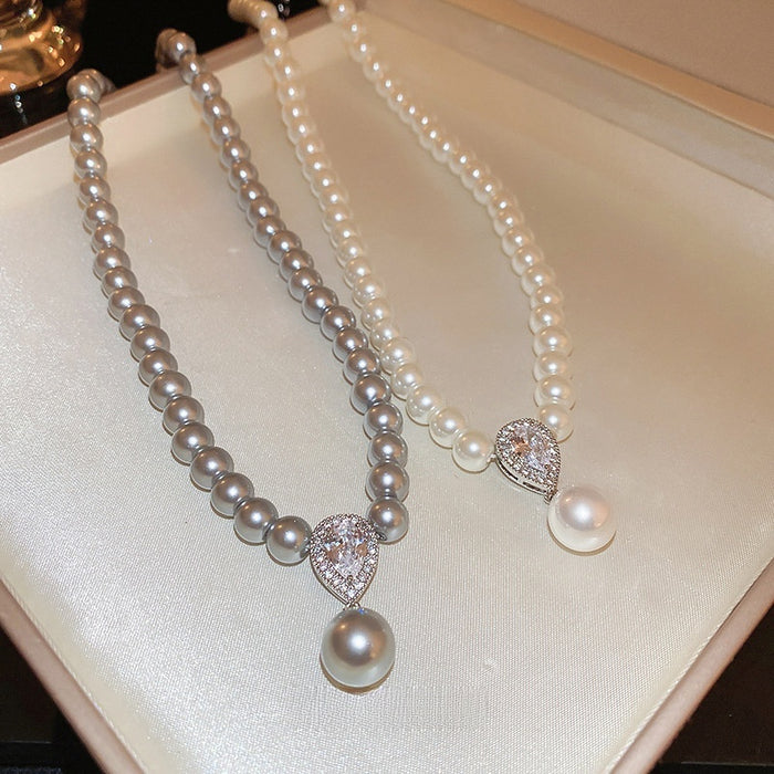 French Style Faux Pearl Zircon Waterdrop Pendant Sweater Necklace, Vintage Light Luxury Jewelry