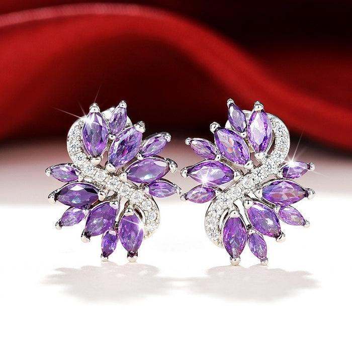 Luxury Purple Floral Zircon Stud Earrings, Korean Retro Mysterious Fashion Ear Jewelry