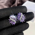 Luxury Purple Floral Zircon Stud Earrings, Korean Retro Mysterious Fashion Ear Jewelry view 3