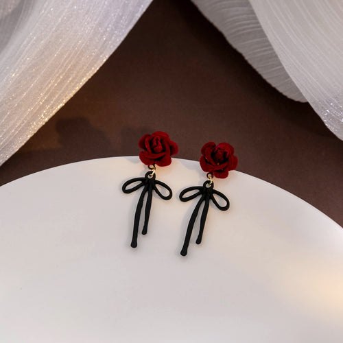 Vintage Burgundy Flocked 3D Rose Flower Black Bow Alloy Drop Dangle Elegant Autumn Winter Earrings