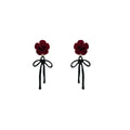 Vintage Burgundy Flocked 3D Rose Flower Black Bow Alloy Drop Dangle Elegant Autumn Winter Earrings view 5