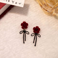 Vintage Burgundy Flocked 3D Rose Flower Black Bow Alloy Drop Dangle Elegant Autumn Winter Earrings view 1