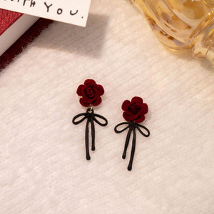 Vintage Burgundy Flocked 3D Rose Flower Black Bow Alloy Drop Dangle Elegant Autumn Winter Earrings