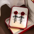 Vintage Burgundy Flocked 3D Rose Flower Black Bow Alloy Drop Dangle Elegant Autumn Winter Earrings view 4