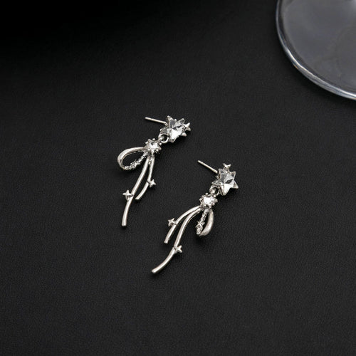 Elegant 925 Silver Needle Long Dangle Star Rhinestone Crystal Luxury Sparkling Drop Earrings