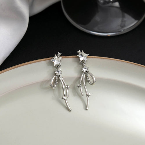 Elegant 925 Silver Needle Long Dangle Star Rhinestone Crystal Luxury Sparkling Drop Earrings