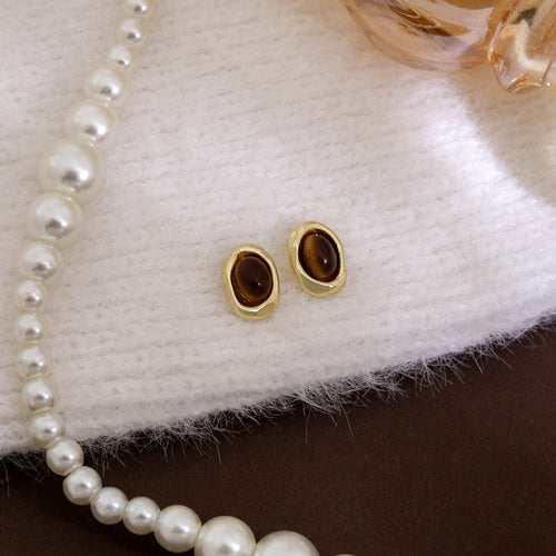 Vintage Luxury Tiger Eye Stone Round Geometric Gold Alloy Rhinestone Stud Drop Women's Fashion Earrings