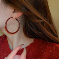 Vintage Red Geometric Round Metal Hoop Earrings With Silver Pins For Women view 3