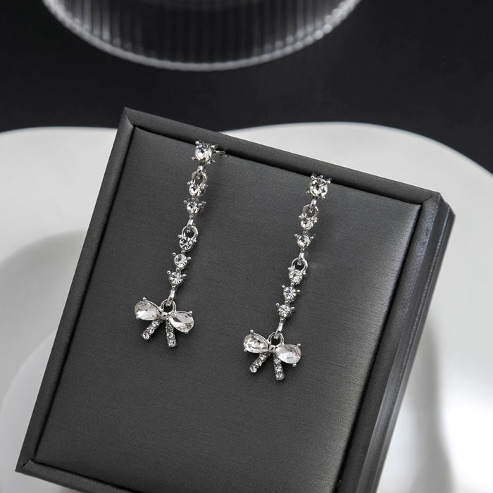 Elegant Korean Luxury Bowknot Rhinestone Micro Paved Long Tassel Silver Needle Stud Drop Earrings
