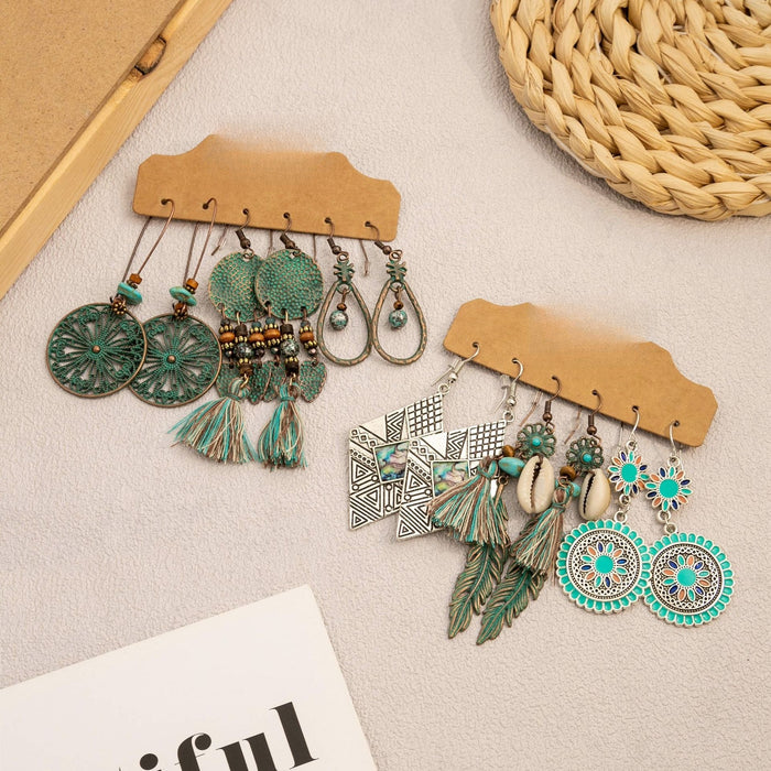Bohemian Ethnic Alloy Enamel Round Hollow Sunflower Shell Feather Tassel Drop Hook Earrings