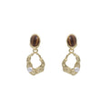 Vintage Irregular Hollow Gold Metal Tiger Eye Stone Pearl Drop 925 Silver Needle Luxury Earrings view 5