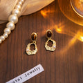 Vintage Irregular Hollow Gold Metal Tiger Eye Stone Pearl Drop 925 Silver Needle Luxury Earrings view 3