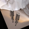 Elegant Luxury Black And Clear Crystal Tassel Hoop Clip On Long Geometric Alloy Dangle Earrings view 3