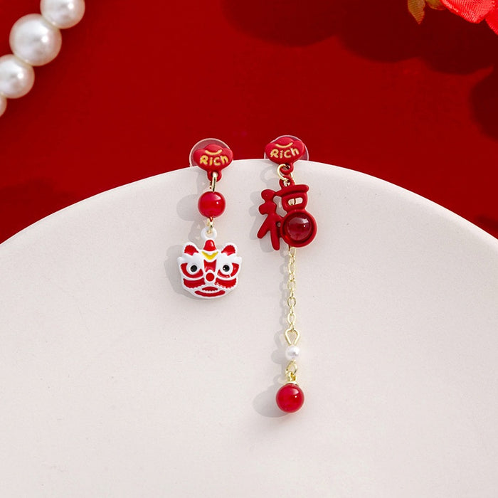 Elegant Chinese Style Asymmetric Red Enamel Lion Dance Fu Charm Pearl Tassel Stud Earrings