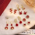 Elegant Chinese New Year Red Enamel Dragon Fu Charm Rhinestone Pearl Alloy Hoop Stud Earrings view 1