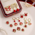 Elegant Chinese New Year Red Enamel Dragon Fu Charm Rhinestone Pearl Alloy Hoop Stud Earrings view 2